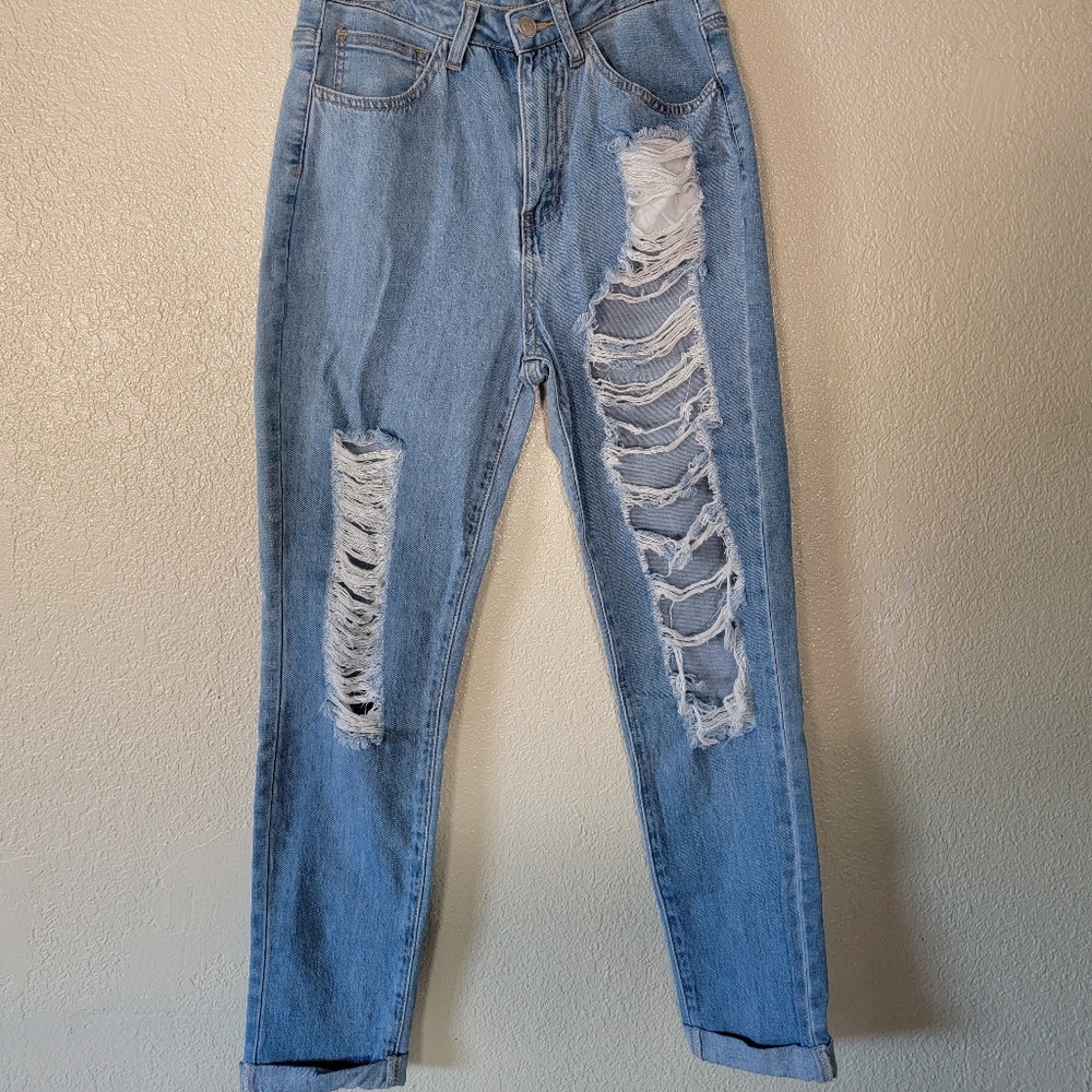 Shein High Waist Roll Hem Ripped Skinny Jeans